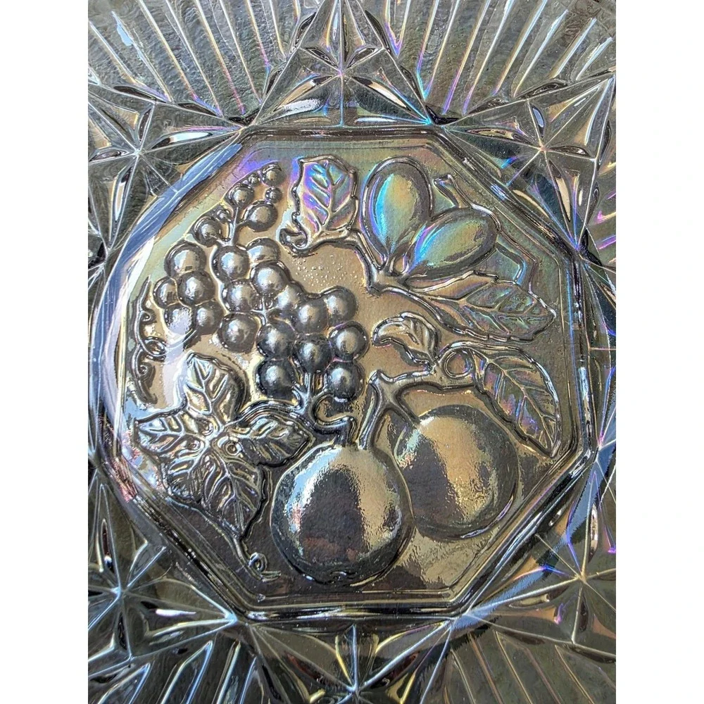 Vintage Carnival Glass Bowl Iridescent Fruit Harvest Grapes Pears 10.5 Inch‎ E3